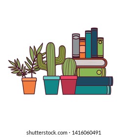 stack of books with houseplant on white background