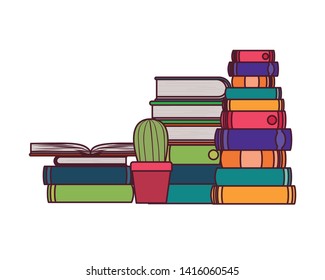 stack of books with houseplant on white background