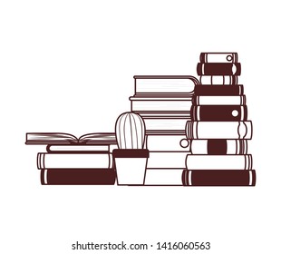 stack of books with houseplant on white background