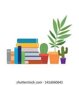 stack of books with houseplant on white background