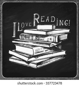 Stack of Books with "I Love Reading" Inscription. Vector Hand Drawn Illustration.