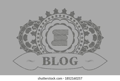 stack of books icon and Blog text Grey stroke realistic badge. Solid handsome background. Artistic illustration. 