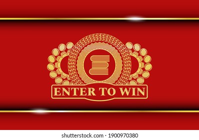 Stack Of Books Icon And Enter To Win Text Red Color And Gold Realistic Badge. Traditional Chic Background. Intense Illustration. 