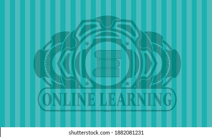 stack of books icon and Online Learning text Turquoise realistic badge. Bars exquisite background. Illustration. 