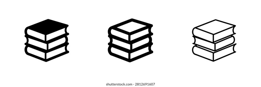 Stack of books icon set, three variations: solid black, outlined, and filled outline