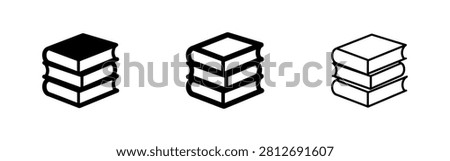 Stack of books icon set, three variations: solid black, outlined, and filled outline