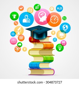 Stack of books with icons art object. Vector illustration