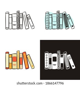 Los iconos de la pila de libros se establecen aislados en el fondo blanco. Icono de contorno dibujado a mano en estilo doodle, plano y tiza en una pizarra. Repisa de vectores para literatura, lectura, conocimiento, educación