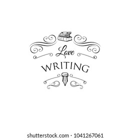 Stack of books. Ink pen, feather, vintage pen. Writer badge logo label. Vector illustration