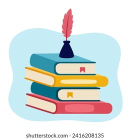 Stack of books, ink and quill pen in flat design. Vintage writing equipment concept vector illustration.