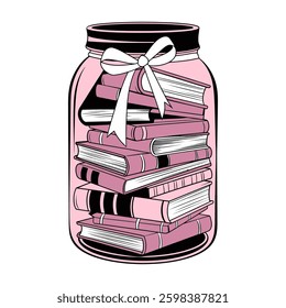 Stack of Books Inside a Jar with Ribbon Illustration