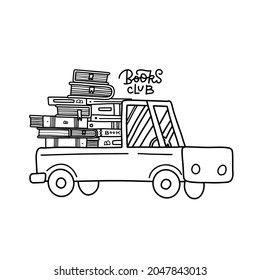 A stack of books inside a truck. Books club coloring page for kids. Online delivery concept. Delivery vehicle for online bookstore. Doodle vector illustration.