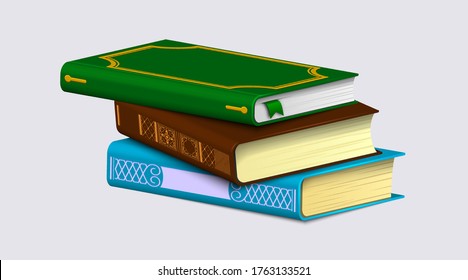 Ein Stapel Bücher einzeln auf weißem Hintergrund. Farbige, gemusterte Stacheln und Lesezeichen auf einem realistischen Bestseller. Vektorgrafik.