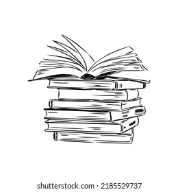 Pila de libros aislados en blanco, ilustración del vector de esbozo de mano.