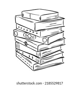 Pila de libros aislados en blanco, ilustración del vector de esbozo de mano.