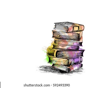 Stack of books isolated on white, Hand Drawn Sketch Vector illustration.