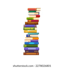 Stack of books, isolated vector pile of hardcover and paperback volumes of various colors and sizes arranged vertically in organized manner. Materials for gaining knowledge, learning and exploration