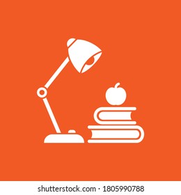 stack of books with lamp and apple.  Flat icon isolated on red background. Knowledge, education Vector illustration. Idea logo. Back to school concept