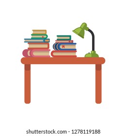 A stack of books and a lamp on the table in a flat design on an isolated white background.