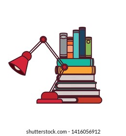 stack of books and lamp on white background