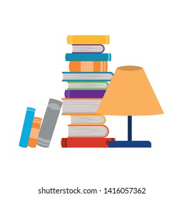 stack of books and lamp on white background