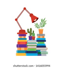 stack of books with lamp in white background