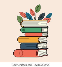 Stack Of Books And Leaves On Pastel Peach Background.