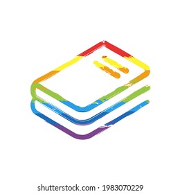 Stack of books, library on the shelf, open knowledge, simple icon. Drawing sign with LGBT style, seven colors of rainbow (red, orange, yellow, green, blue, indigo, violet