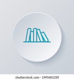 Stack of books, library on the shelf, open knowledge, simple icon. Cut circle with gray and blue layers. Paper style