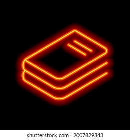 Stack of books, library on the shelf, open knowledge, simple icon. Orange neon style on black background. Light linear icon with editable stroke