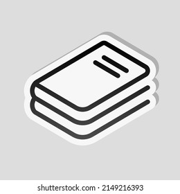 Stack of books, library on the shelf, open knowledge, simple icon. Linear sticker, white border and simple shadow on gray background