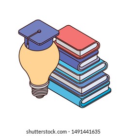 stack of books and light bulb on white background