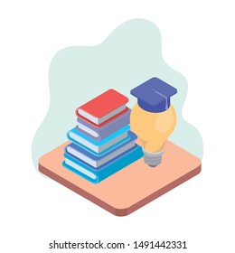 stack of books and light bulb on white background