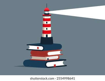 A stack of books and a lighthouse. Education or knowledge steps to success, learning or study for skill development to achieve business success. Modern vector illustration in flat style. 