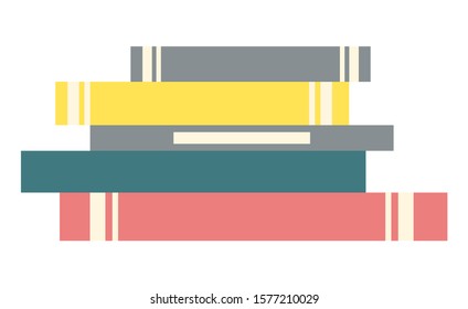 Stack of books. Literature for home or public library for reading interesting stories. Textbooks have hard cover and every different color, yellow and pink, blue and grey. Vector illustration