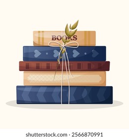 Stack of books. Literature. Logo design. Books tied with a rope, decorated with a plant. Vector illustration with a gradient.