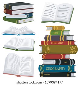 Stack of books for Lover of literature. Open Encyclopedias for reading. Inverted pages. Object in contemporary style. Vector illustration for posters