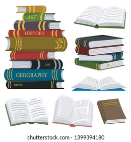 Stack of books for Lover of literature. Open Encyclopedias for reading. Inverted pages. Object in contemporary style. Vector illustration for posters