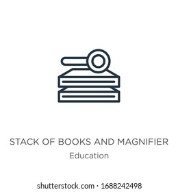 Stack of books and magnifier icon. Thin linear stack of books and magnifier outline icon isolated on white background from education collection. Line vector sign, symbol for web and mobile