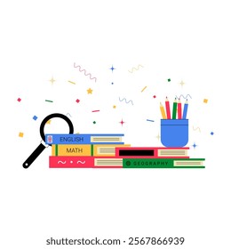 Stack Of Books With Magnifying Glass And Stationery In Flat Vector Illustration Symbolizing Knowledge, Research, And Academic Learning, Isolated On White Background.