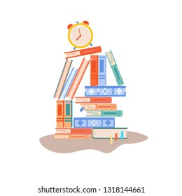 A stack of books. Many books lie on top of each other. back to school. student's workplace. shelf with books. school supplies. office and office equipment. illustration on the topic of study