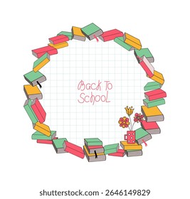 Stack of books, a mug with a bouquet of flowers. Banner, frame with space for text. Slogan Back to school. A love of reading, literature and learning. Day of Knowledge.