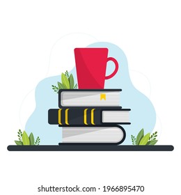 a stack of books and a mug. Books and reading set. Textbooks for academic studies. Literary fans. Vector desk with textbooks encyclopedias, workplace workspace. Learning education, piles of literature