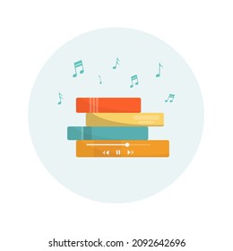 Una pila de libros con notas musicales. Audiobooks. Aprendiendo a través del audiolibro.