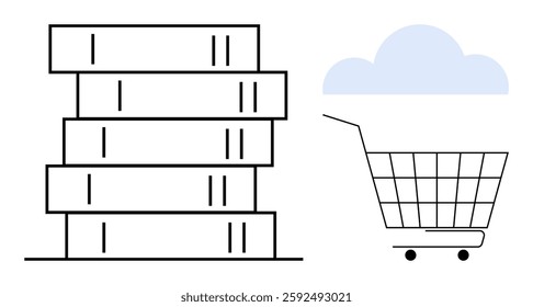 Stack of books next to a shopping cart with a blue cloud in the background. Ideal for online shopping, ecommerce, education, literary resources, cloud storage. Minimalist line art style