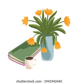 A stack of books next to a vase of flowers and a cup of tea. A set for a cozy reading. Vector illustration for reading lovers. Hardcover textbook, hand-drawn cartoon.