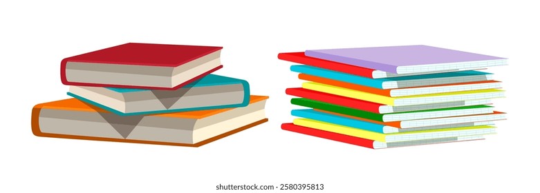 Stack of books and notebooks. Knowledge and education. Design element of modern library, bookstore, literature lesson, educational concept.