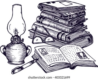 stack of books, oil lamp, sketch