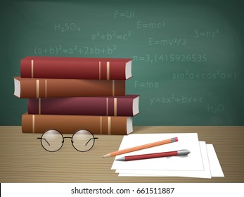 Stack of books on the background of a school board. Education and school concept. Vector illustration