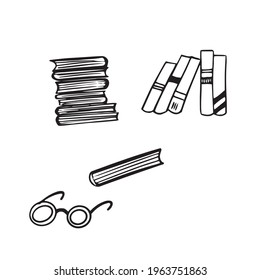 Stack of books on bookshelves black white illustration Hand drawn sketch isolate doodle style on white background